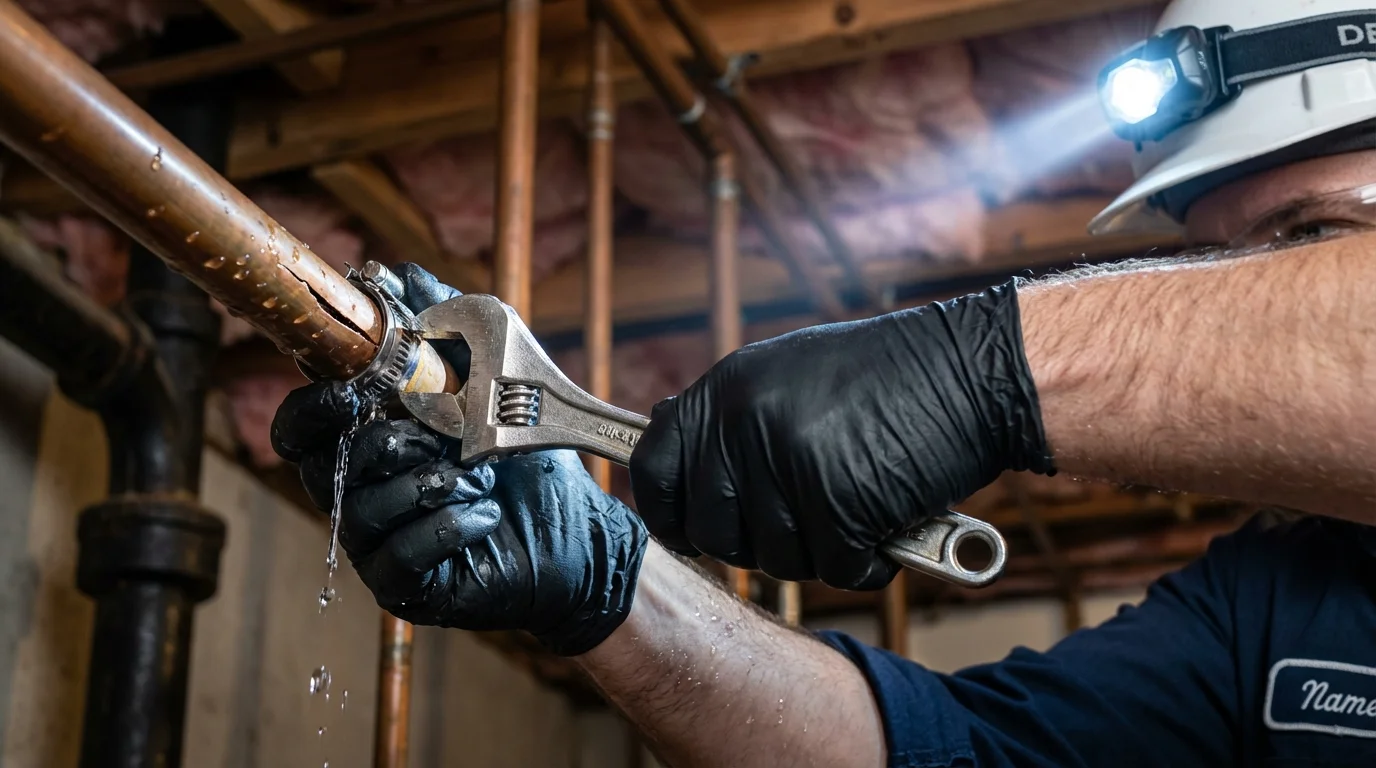 Emergency pipe clamp repair being performed by a Johns Plumbing LLC plumber in Meredosia