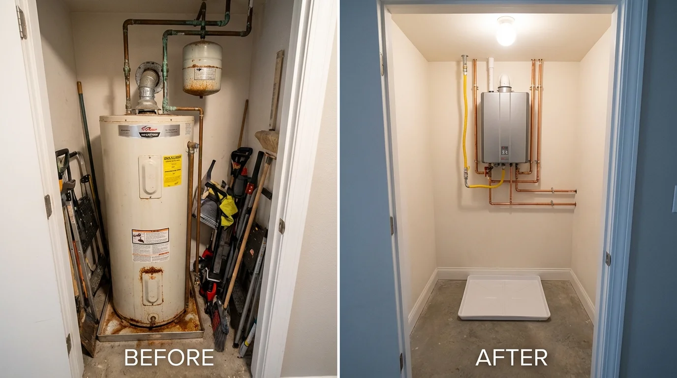 Tank water heater versus wall-mounted tankless unit comparison for Meredosia, IL homeowners