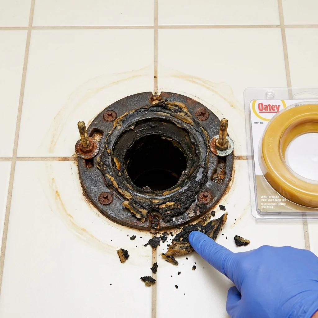 Failed wax ring showing water seepage at the base of a toilet in a Meredosia, IL home
