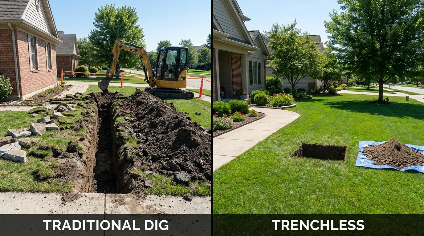 Trenchless sewer repair with minimal yard damage versus traditional excavation in Meredosia, IL